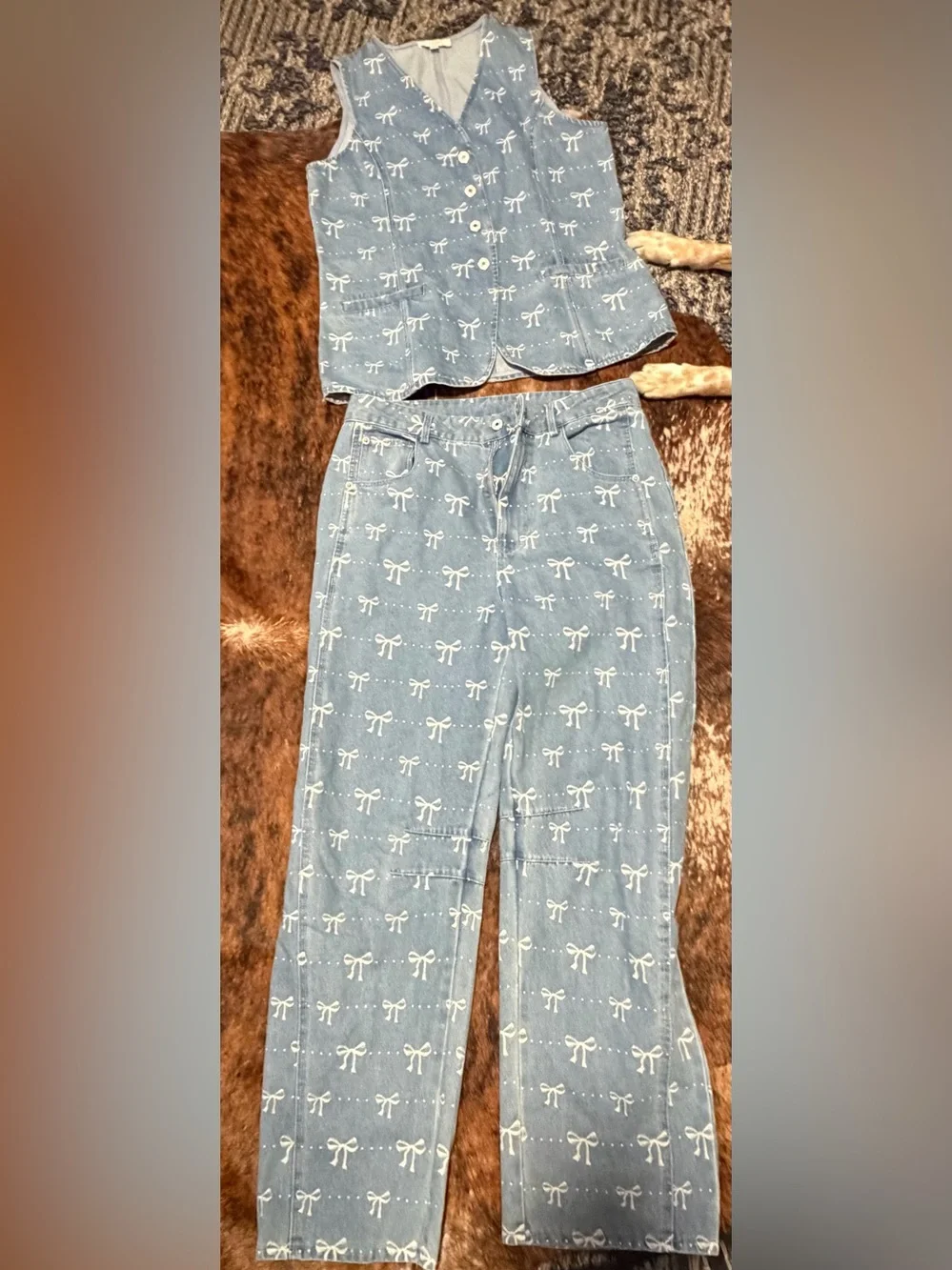 Entro Bow Print Denim Vest and Barrel Pants Set Womens Size L Coquette Monochrom
